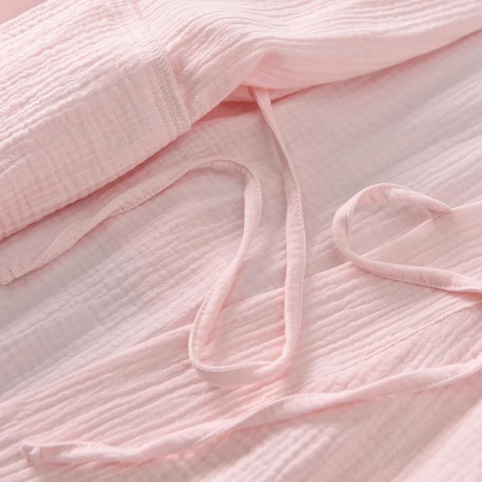 Women's Organic Cotton Bathrobe Long Sleeve Nightgowns Lightweight Waist-Tie Bath Robe for Home Spa Muslin Cotton Beach Wear