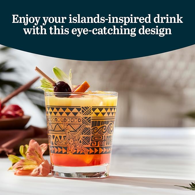 Libbey Tiki Rocks Glass Cups Set, Vintage Drink Ware Set of 4, Exotic, Dishwasher Safe Old Fashioned Glass Set for Backyard Luau or Pool Party