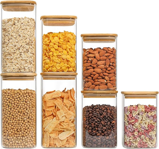 ComSaf Airtight Glass Storage Canister with Wood Lid (50oz&37oz), Clear Food Storage Container Jar with Sealing Bamboo Lid for Noodles Flour Cereal Rice Sugar Tea Coffee Beans, Set of 7