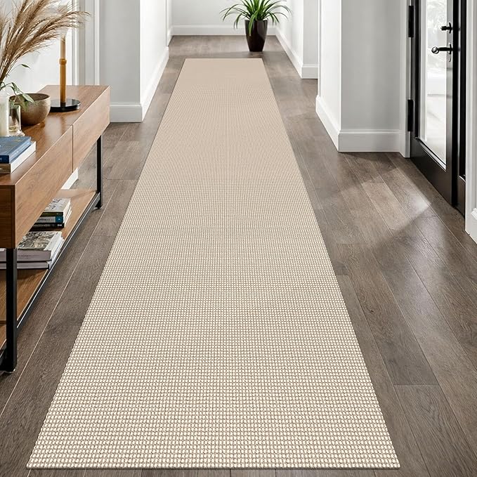 EARTHALL Woven Runner Rug 2.6x12 Ft Washable Runners for Hallways Extra Long Cotton Non Slip Rubber Backed Kitchen Runner Braided Indoor Floor Carpet for Entryway, Hall, Kitchen, Beige/Ivory