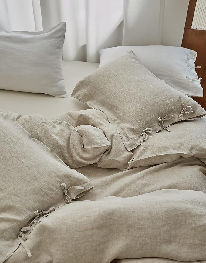 Simple&Opulence 100% Linen Duvet Cover Set 3pcs with Bowknot Ties Closure Natural French Washed Flax Solid Color Soft Breathable Farmhouse Bedding - Linen, King Size