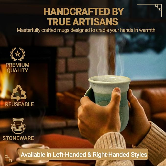 Clay in Motion Hand Warmer Coffee Mug – Handmade Coffee Mug With Comfortable Handle Contoured Pocket Hand Warming Ceramic Coffee Mug – Proudly Made in USA – Left Handed – 14 Oz - Grass Lands