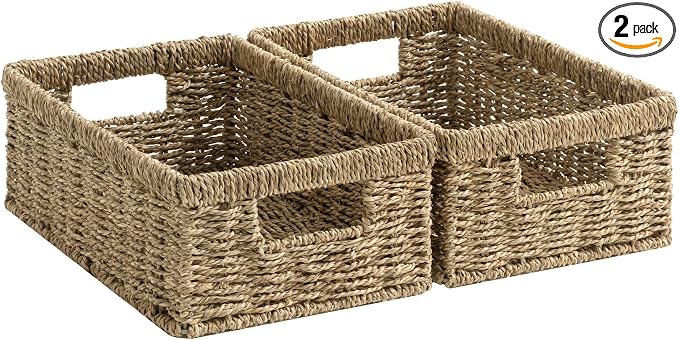 StorageWorks Rectangle Wicker Baskets for Organizing, Wicker Storage Baskets for Shelves, Decorative Basket, Seagrass Baskets with Handles, 2-Pack, 13" L x 8¼"W x 4¾"H