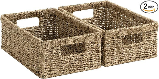 StorageWorks Rectangle Wicker Baskets for Organizing, Wicker Storage Baskets for Shelves, Decorative Basket, Seagrass Baskets with Handles, 2-Pack, 13" L x 8¼"W x 4¾"H