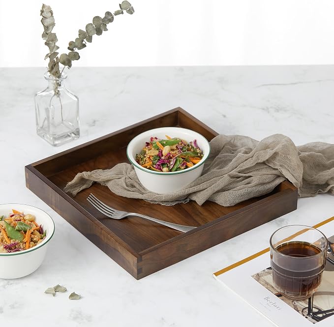 12 x 12 inches Large Square Ottoman Tray Wooden Solid Black Walnut Table Platter Decorative Serving Tray for Oversized Ottoman Home Breakfast in Bed Tea Coffee