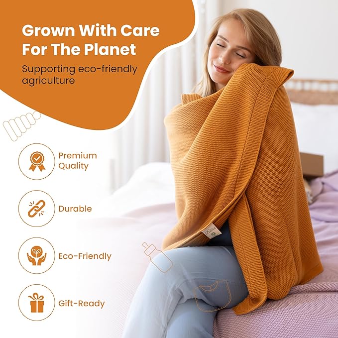 Dalisa 100% Organic Turkish Cotton Throw Blanket - GOTS Certified, Cozy - Perfect for Couch, Bed, and Home Decor - Boho Vintage Knit Alina (Saffron Gold, 60x80)