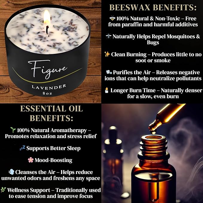 Lavender Aromatherapy Candle – 100% Beeswax & Organic Soy Blend with Real Lavender Sprigs | Clean Burn Floral Candle Premium Gift for Her
