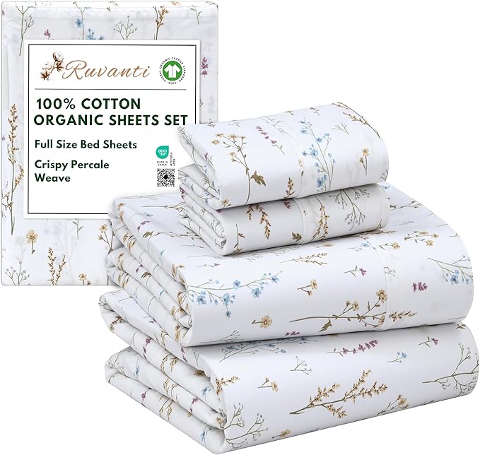 RUVANTI 100% Cotton Organic Percale Sheets Full Size – Crisp Cooling Bed Sheets for Hot Sleepers, Deep Pocket 15”, Soft Peach Finish, Breathable & Durable Hotel-Style 4 Pcs, Field Flower