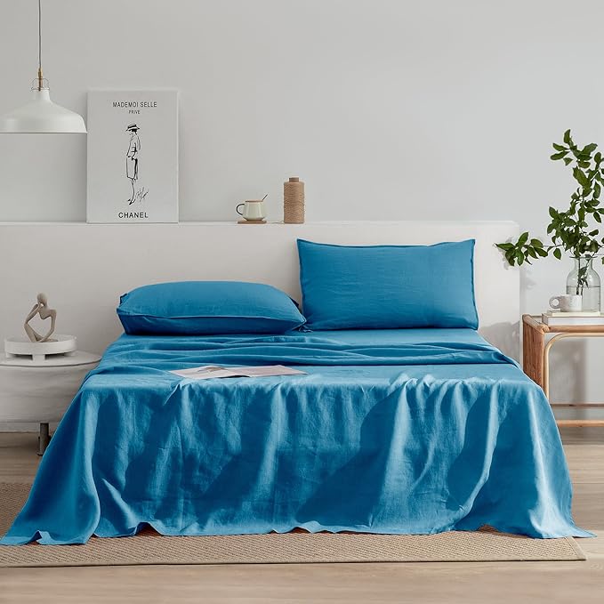EVERLY Linen Sheets Set King Size,100% French Stonewash Pure Linen Bed Sheets,4Pieces (1Flat Sheet,1Fitted Sheet,2Pillowcase) Suitable for Hot Sleepers,Deep Pocket Natural Bedding Set-Blue