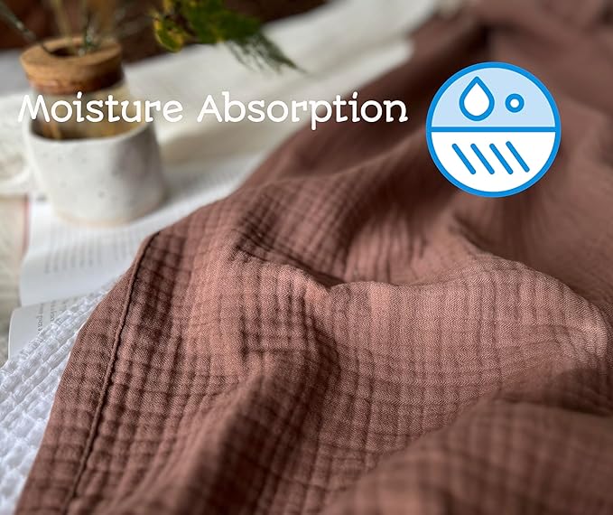 KyraHome 100% Organic Cotton Throw Blankets, 90“x90” Queen, Pre-Washed Muslin Blanket, Plant Dyed, Breathable Lightweight Gauze Summer Blankets for Adults, Bed, Couch, All Season, (Brown)