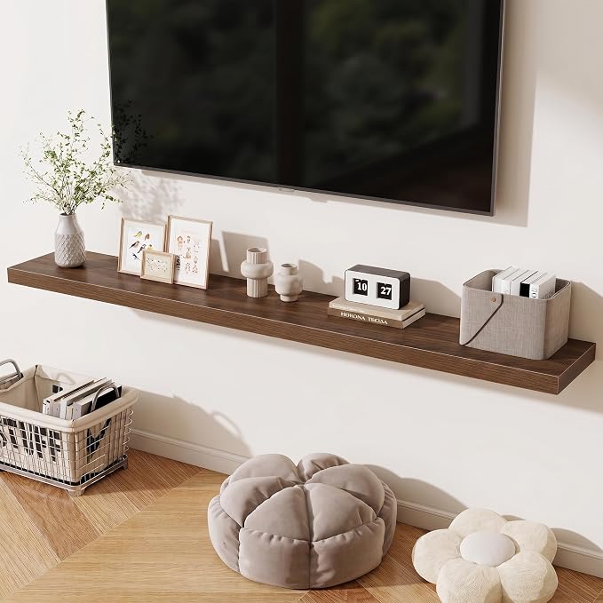Fun Memories 72 Inch Fireplace Mantel Shelf, 10 Inch Deep Shelves for Display & Wall Storage, Rustic Wood Wall Shelf, Extra Long Floating Shelves for Living Room Laundry Room, Walnut, Set of 1