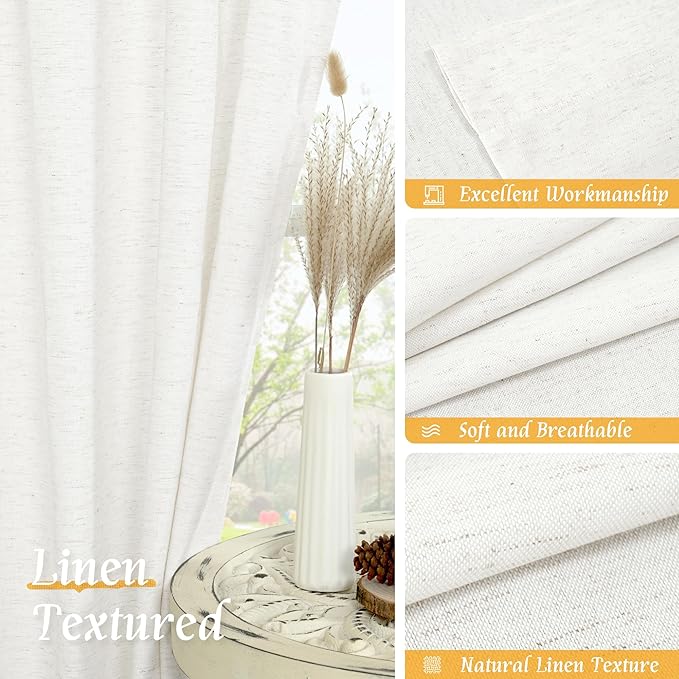 LAMIT Light Filtering 63 inch Length Linen Curtains, Soft Linen Textured Rod Pocket Neutral Boho Drapes Window Treatment Panels for Living Room/Bedroom, 2 Panels Set, 42 x 63 Inch, Ivory White