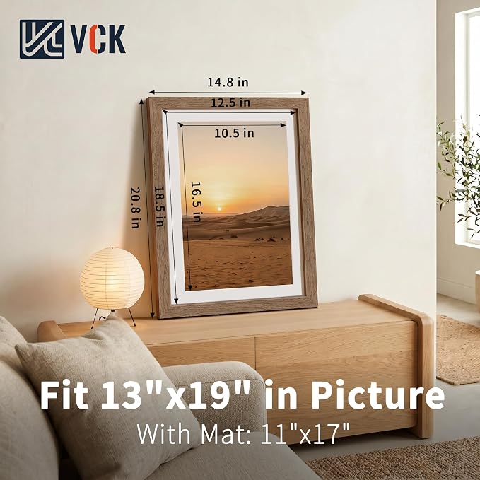 VCK 13x19 Picture Frames Walnut 3 Pack, Wide Border Wood, Tempered Glass, Display 13x19 Poster Photo with Mat or 11 x 17 Without, for Home, Office, Gallery, Woodgrain Series, Wall Hanging