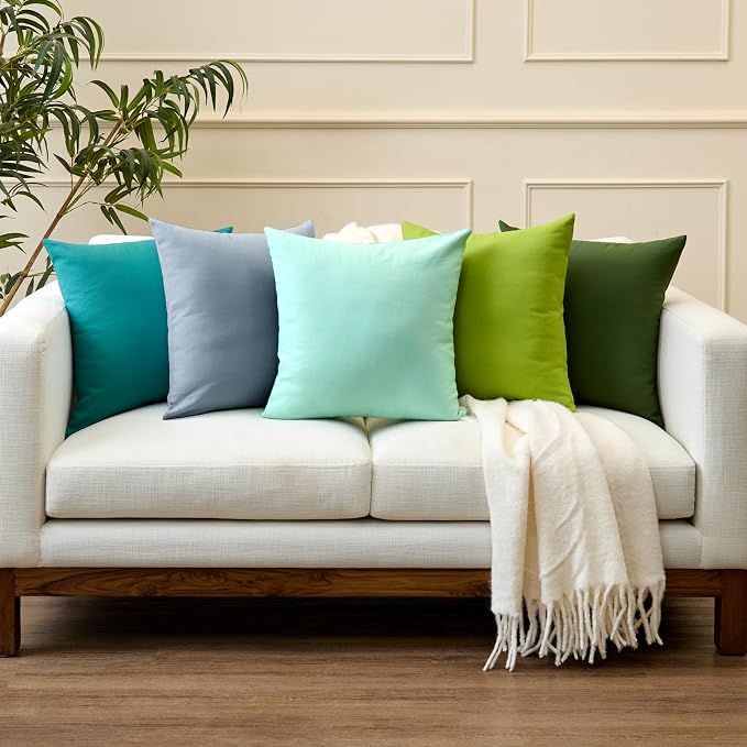 Encasa XO Throw Pillow Covers 16x16 in Set of 4 Egg Blue | No Inserts | Cotton Pillow Covers for Living Room, Bed, Sofa, Couch | Decorative Cushion Covers with Improved Zipper
