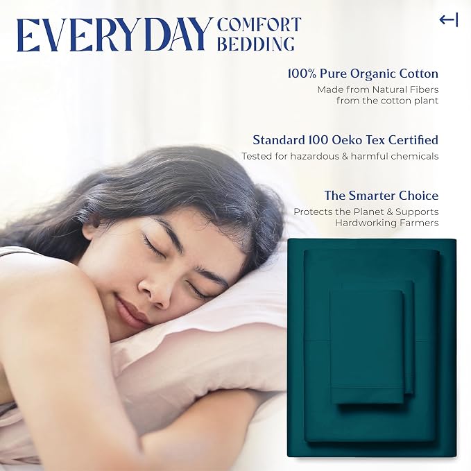 Mayfair Linen 100% Organic Cotton Sheets Queen Size - 4 PC Organic Cotton Queen Size Percale Weave Sheet Set, Soft, Cooling, Crisp & Breathable, 16" Deep Pocket Hotel Quality Bedding Set - Teal