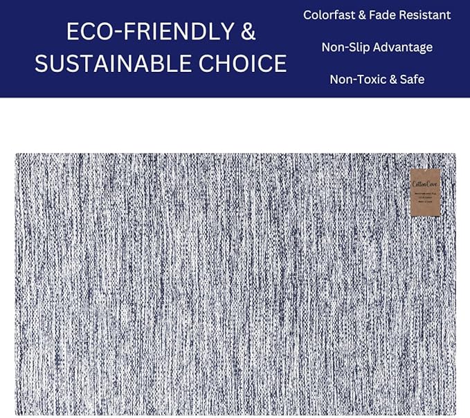 Hand Woven Area Rug 3x5 Feet - Rustic Farmhouse Bohemian Accent Rug for Living Room Bedroom Kitchen Entryway Floor Mats - Ideal for High Traffic Areas 100% Cotton Rag Rug Blue