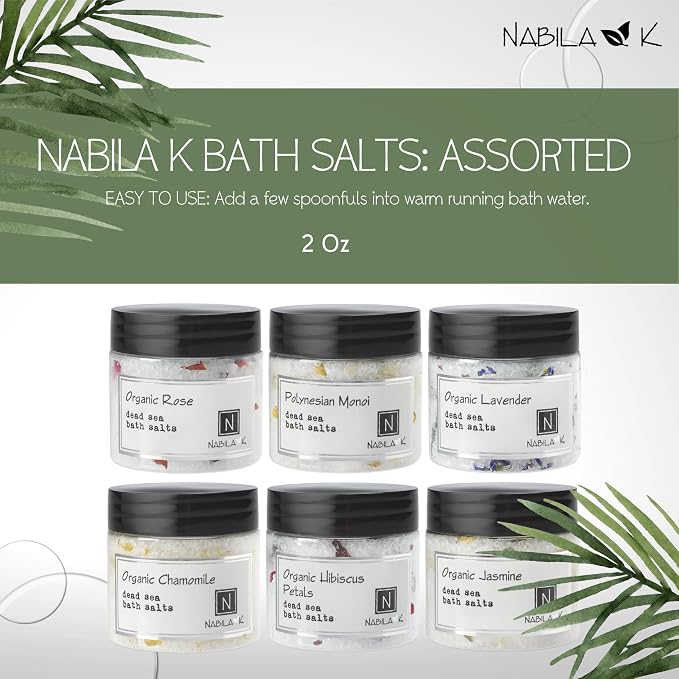 Bath Salts Gift Set for Women & Men - 6 Scents, Dead Sea Salt & Epsom Salt Exfoliating Soak and Scrub - Organic, Cruelty-Free, Sulfate-Free | 6 x 2 oz Variety Set | Nabila K
