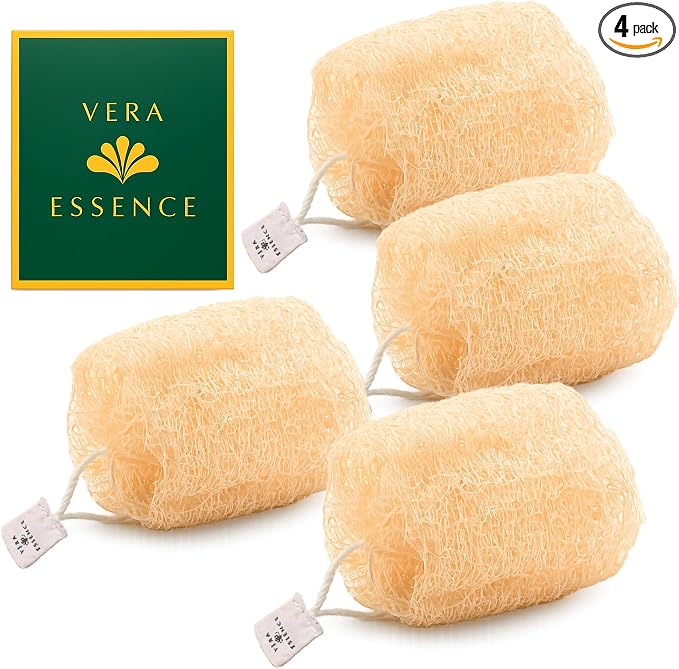 Natural Egyptian Loofah Sponge (Pack of 4) – Organic Bath Luffa for Gentle Exfoliating, Deep Cleansing & Smooth Skin, Natural Shower Sponge for Women & Men