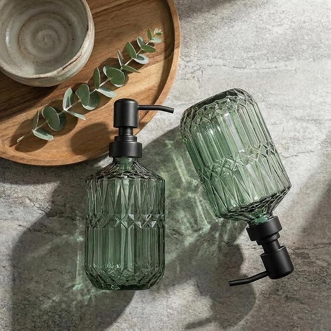 2-Pack Green Glass Soap Dispenser for Bathroom, Decorative Hand Soap Dispenser with Black Rust Proof Pump, Farmhouse Kitchen Soap Dispenser for Hand Soap, Dish Soap, Lotion, Body Wash (14 OZ)