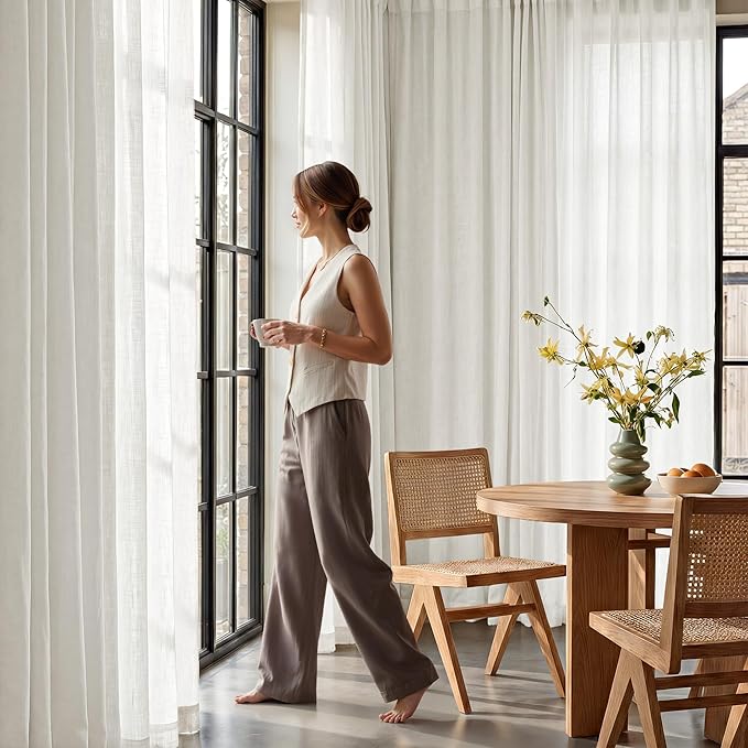 NICETOWN Thick Linen Curtains 108 inch Long 2 Panels Set, 55" Wide White Flax Linen Blend Organic Privacy Window Drapes Rod Pocket & Back Tab with Light Filtering for Bedroom/Living Room