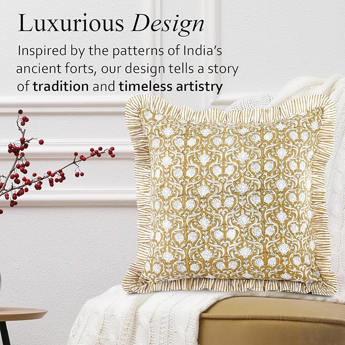 CPC Block Print Ruffle Throw Cover Mustard Regal 24"x24" Inch Pack of 2-100% Cotton Ruffle Couch Decorative Boho Pillows Case for Living Room, Bedroom, Sofa, Farmhouse Gift for Spring, Mother's Day