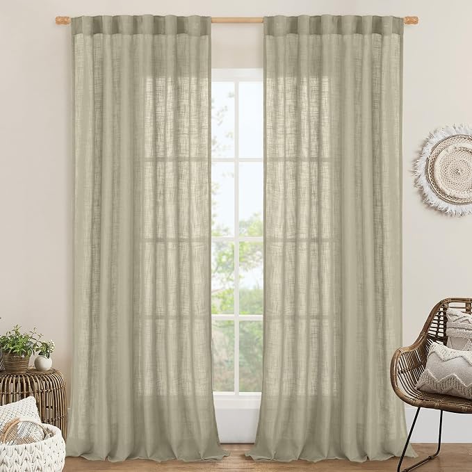LAMIT 102 Inches Long Linen Curtains for Living Room, Back Tab and Rod Pocket Semi Sheer Curtains Light Filtering Farmhouse Drapes for Bedroom/Dining Room, Oatmeal, Set of 2, 52 x 102 Inch