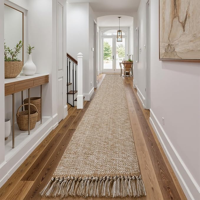 Collive Boho 18 ft Long Runner Rug for Hallway, Washable Kitchen Runner, Cotton Hand-Woven Farmhouse Neutral Carpet Runners, Tan/Cream Low Pile Entryway Floor Runners for Bedroom