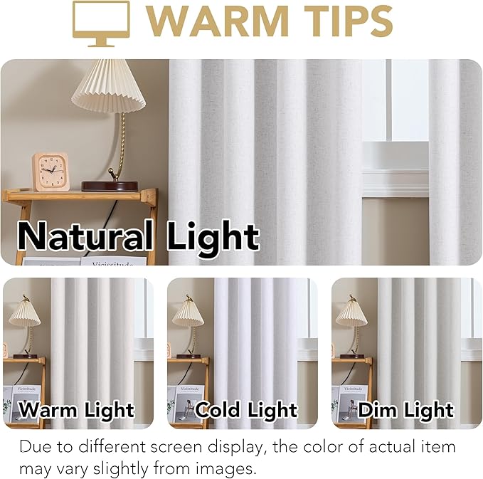 H.VERSAILTEX Linen Curtains 100% Blackout Curtains for Bedroom 90 inch Long Full Light Blocking Nature Linen Blended Window Curtains for Living Room Nickel Grommet (2 Panels, Heathered White)