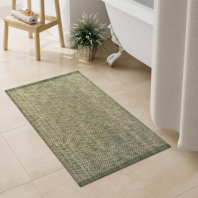LEEVAN Washable Bathroom Rug, 2'x3' Low Profile Entryway Rugs Front Door Mat Cotton Reversible Kitchen Mat Boho Bedroom Rug Farmhouse Carpet for Foyer Front Porch Decor(Olive Green&Natural)