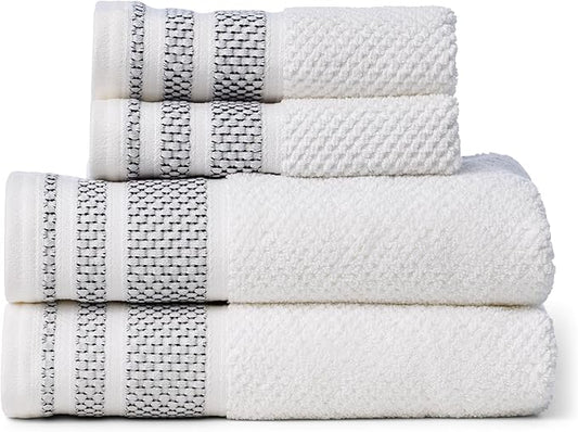 Texere 100% Organic Cotton Rice Weave Jacquard 700 GSM Luxury Bath Towel Sets - 2 Hand Towels, 2 Washcloths (Rice Weave, BRT Wht w/Blk, 2 Hand & 2 Wash Towels)