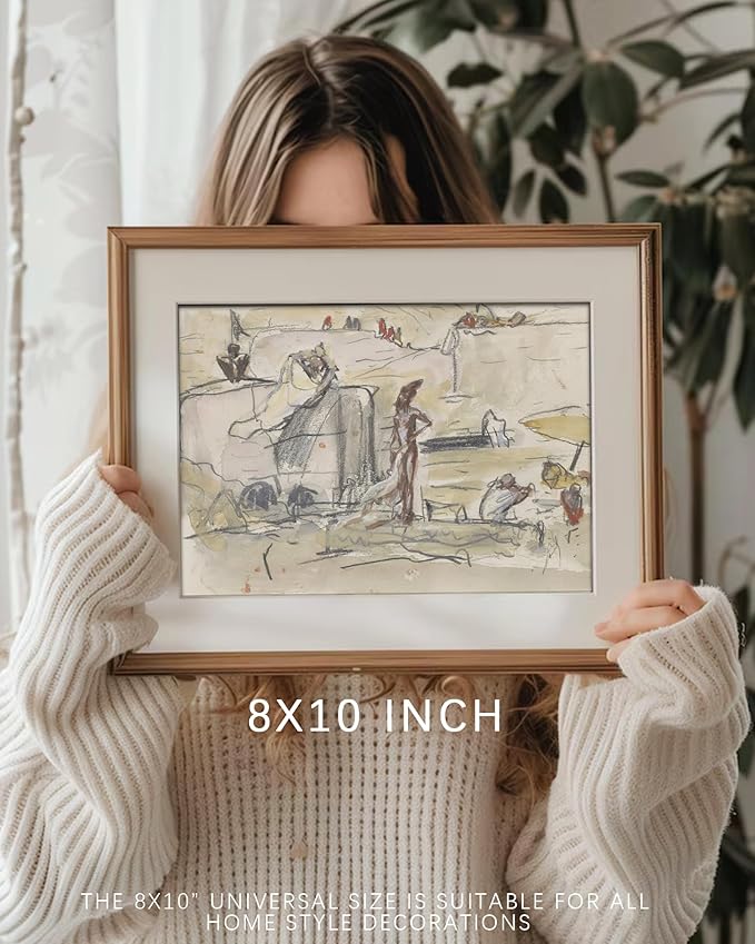 Vodefoad Vintage Abstract Landscape Neutral Sketch Print, Minimalist Watercolor & Pencil Wall Art, Modern Beige Line Drawing Interior Office Decor, Antique Neutral Oil Painting Vintage Art Pictures for Bedroom Bathroom Decor - 8x10Inch Unframe