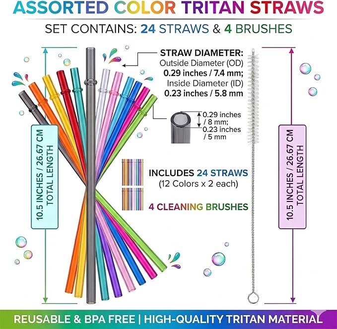 ALINK 24 Pcs Reusable Straws, 10.5 Inch Long Tritan Hard Plastic Straws with 4 Brushes, 12 Colors Clear Repacement Straw for 30oz 20oz 16oz Tumbers, Stanley, Starbucks, YETI, Mason Jars, BPA Free