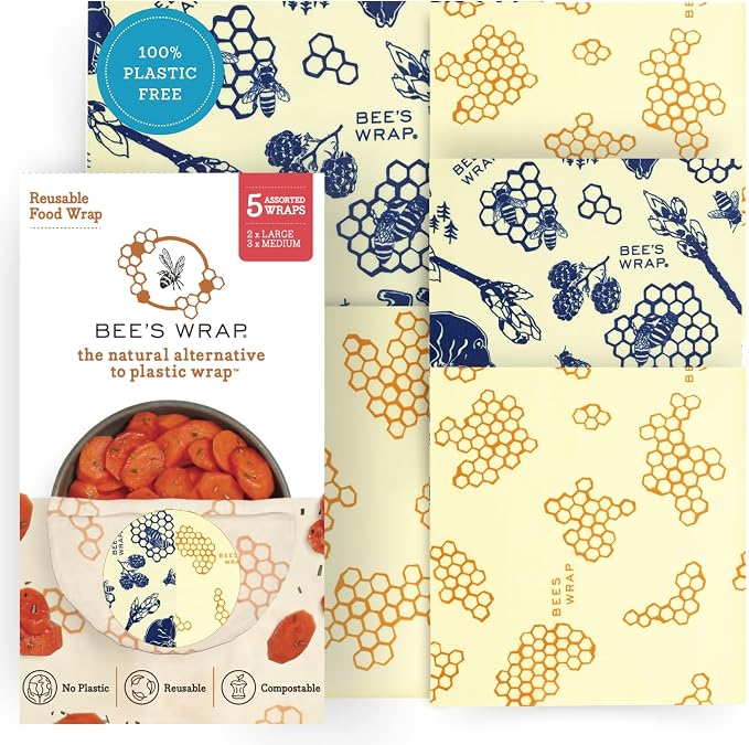 Bee's Wrap Beeswax Wraps for Food - Assorted 5 Pack of Beeswax Wraps - 2 Large & 3 Medium Wrap - Plastic Free Made in USA Reusable Natural Food Wrap - Honeycomb & Bees + Bears