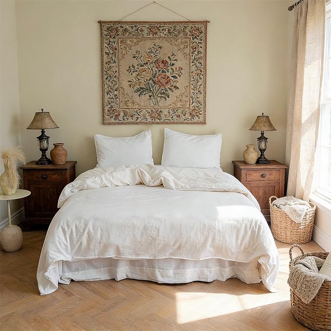 BISELINA French Linen Duvet Cover Set 3pcs with Hidden Zipper Closure Natural Flax Cotton Blend Solid Color Soft Breathable Luxury Farmhouse Bedding -Full Size, White