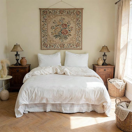 BISELINA French Linen Duvet Cover Set 3pcs with Hidden Zipper Closure Natural Flax Cotton Blend Solid Color Soft Breathable Luxury Farmhouse Bedding -Full Size, White