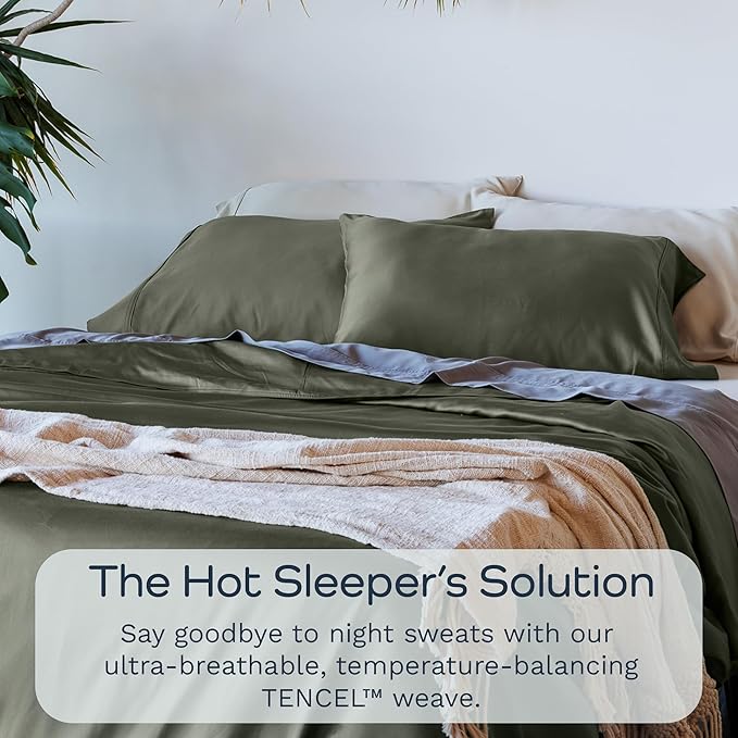 Olive + Crate Tencel Eucalyptus Pillowcases - 100% Tencel Lyocell Cooling Pillow Cases for Hot Sleepers - Hypoallergenic, Moisture-Wicking, Silk Alternative, Vegan - Queen Size Set of 2 [Moss]