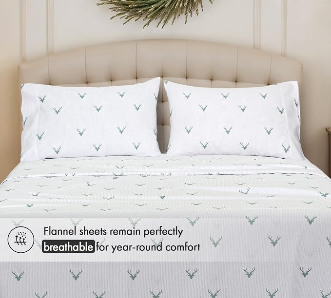 RUVANTI Flannel Sheets Twin Size - 100% Cotton Double Brushed Twin Sheets Set, Deep Pockets 16 Inches, All Seasons Breathable & Extra Soft Bed Sheets, Warm & Cozy, 3 Piece, Stag Synphony