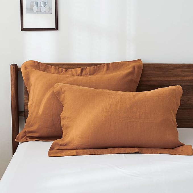 100% French Linen Pillow Shams Basic Style - Pack of 2 - Washed Solid Color Natural Flax Soft Breathable - Rust, 20'' x 36''