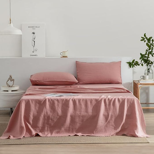 EVERLY Linen California King Sheets Set, 100% Stonewashed French Linen Bed Sheets Deep Pocket Sheets, 4 Pieces (1 Flat Sheet, 1 Fitted Sheet, 2 Pillowcases) Natural Flax Bedding Set-Pink