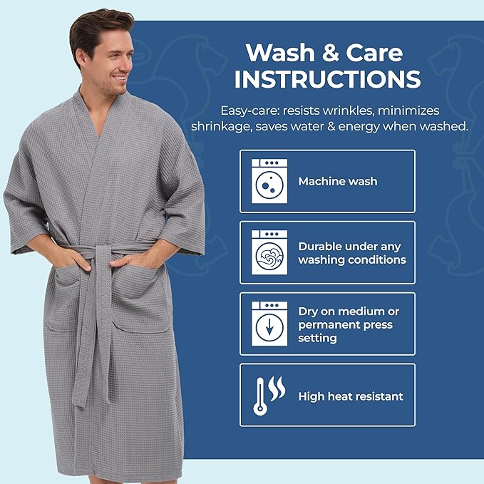 MONARCH Unisex Square Waffle Spa Kimono Robe – Soft Lightweight Fabric & Generously Sized Hotel & Spa Robe with Pockets