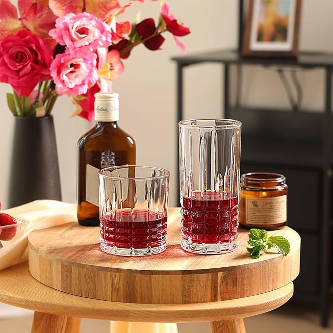 Moretoes Drinking Glasses Set of 12, 6 Highball Glasses 12 Oz,6 Rocks Glasses 10 Oz,Mixed Drink Cocktail Glass, Vintage Embossed Glassware Sets for Whiskey, Cocktails, Water & Juice