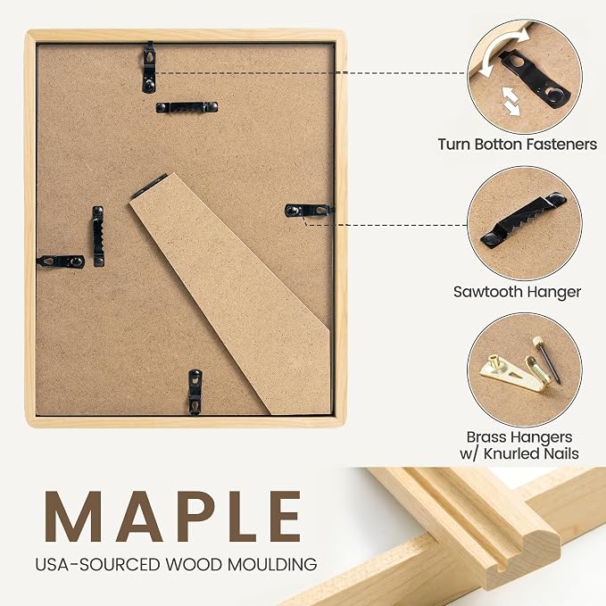 8.5 by 11 Picture Frame, USA-Sourced Maple Wood Photo Frames with HD Tempered Glass, Handcrafted Rounded Corner 8.5 x 11 Wooden Frames Matted to 6x8 Photos, 8.5x11 Frame, Tabletop or Wall Display
