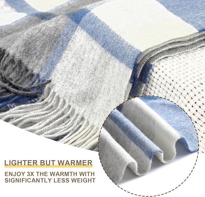 100% Wool Blanket Throw,Blue Plaid Wool Blanket with Compact Bag,Rustic Soft Lightweight Blanket for Couch,Sofa,Bed & Lounging Decoration, Warm Travel Blanket for Home, Airplane,Ideal Gifts 55"x83"