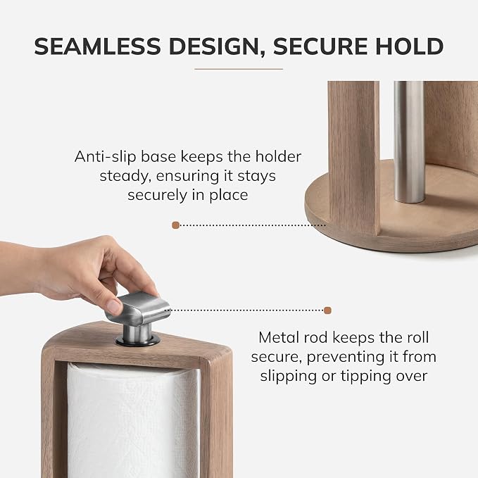 Anji Mountain Wooden Paper Towel Holder with Iron Holder, Holder Stand for Kitchen Roll Organizer & Kitchen Dining Table Home Décor, Countertop Fits Jumbo & Mega Rolls - Biscotti/Nickel, Top Load