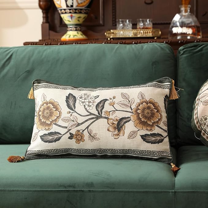 ISAENNE Design Linen Chinoiserie Rectangle Throw Pillow Covers 12"x20" Pack of 2, Farmhouse Cushion Covers with Yellow Floral Pattern Decoration Pillowcases for Bed,Living Room,Outdoor,Car
