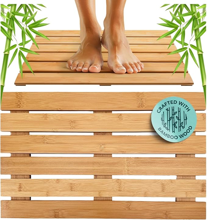 Outdoor Bamboo Bath Mat 19.5x12.5", Non-Slip Bamboo Shower Mat for Indoor/Outdoor Shower Floor, Spa Decor for Sauna Floor, Wood Bathroom Accessories, Wood Bath Mats, Spa Room Decor for Bathroom