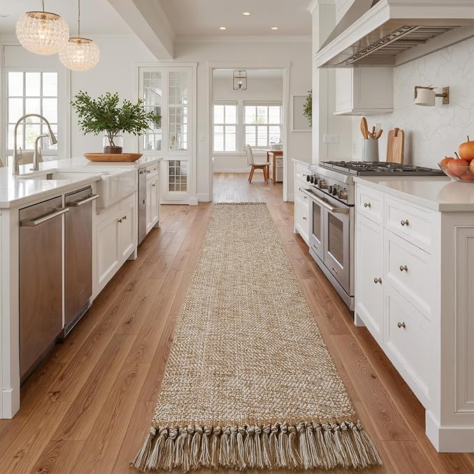 Collive Boho Runner Rug for Hallway, Washable 2.6x16 ft Long Hallway Runners Rug Farmhouse Neutral Kitchen Rug, Woven Cotton Tan/Cream Low Pile Floor Carpet for Entryway Bedroom