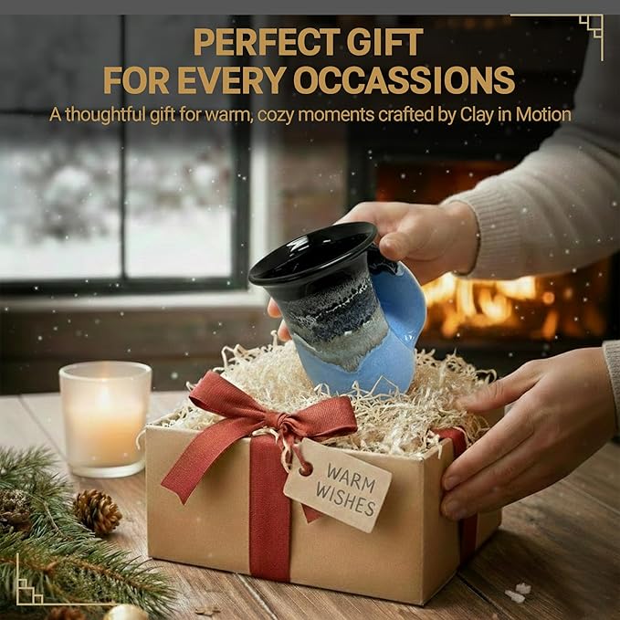 Clay in Motion Hand Warmer Coffee Mug – Handmade Coffee Mug With Comfortable Handle Contoured Pocket Hand Warming Ceramic Coffee Mug – Proudly Made in USA – Right Handed – 14 Oz - Pacific Chill