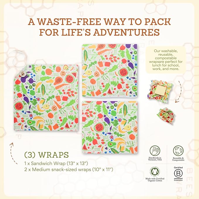 Bee's Wrap Beeswax Wraps for Food - 3 Pack of Assorted Beeswax Wraps - 2 Medium & Sandwich Wrap - Plastic Free Made in USA Reusable Natural Food Wrap - Garden Party