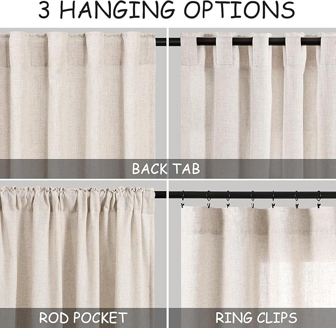 Nanspring Beige Farmhouse Curtains 30 Inch Length for Kitchen Linen Blend Semi Sheer Curtains Back Tab and Rod Pocket Rustic Farmhouse Decor for Cafe Small Window Curtain 36 x 30 Inch, 2 Panels